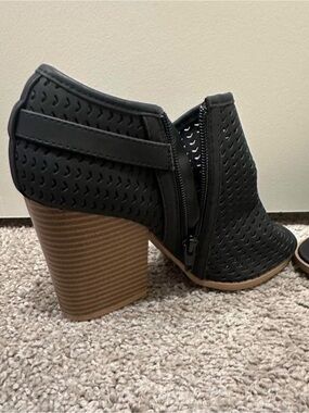 Qupid Black Perforated Stacked Block Heel Booties